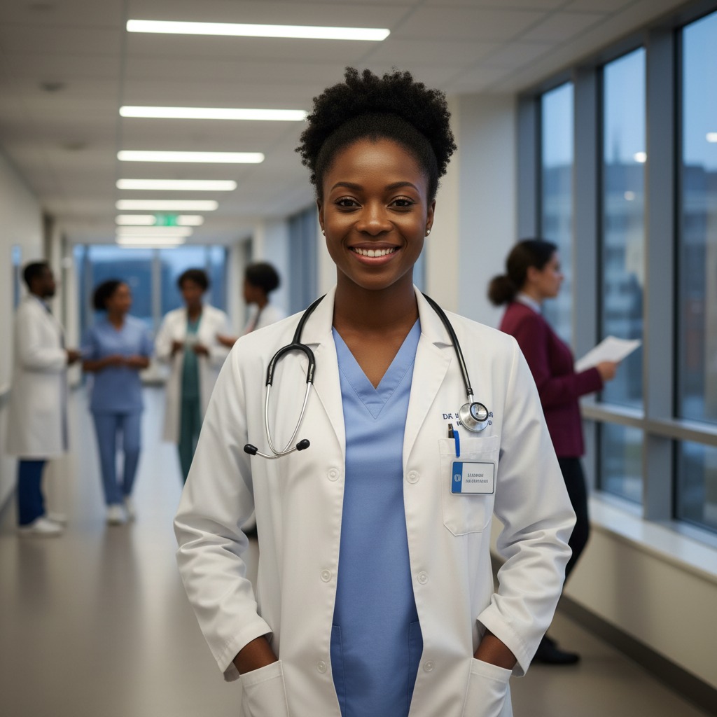 A smiling Black female doctor in a white coat and blue scrubs stands in a hospital hallway with medical staff blurred in the background.